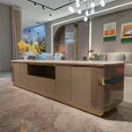 Contemporary TV Stand with Marble Top, Fluted Panels and Brushed Gold Accent Handles